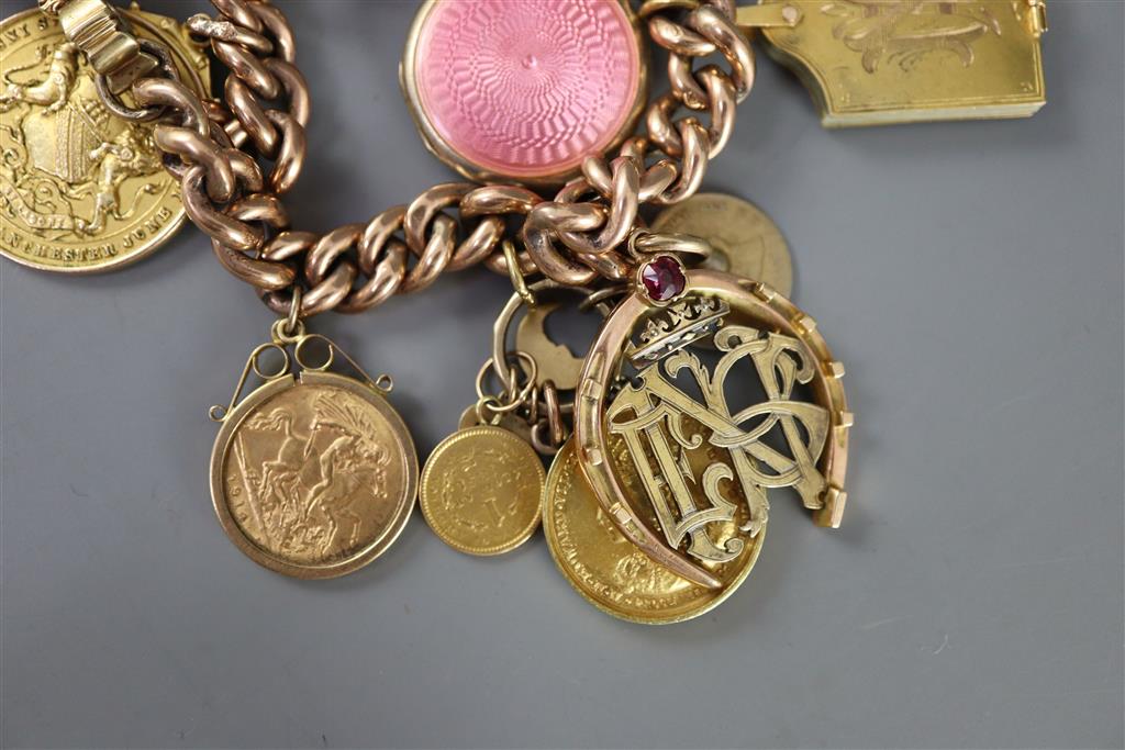 A late 19th/early 20th century 9ct gold curb link charm bracelet,